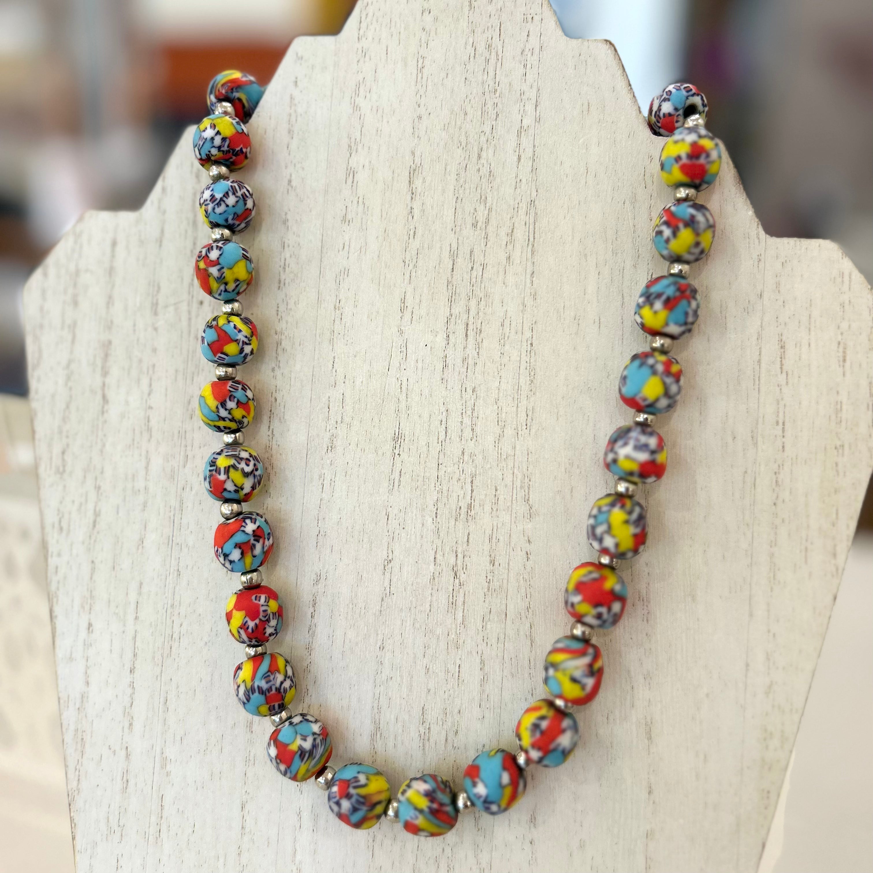 Ghanaian Krobo Bead Necklace Red Yellow Aqua – Abroad Modern