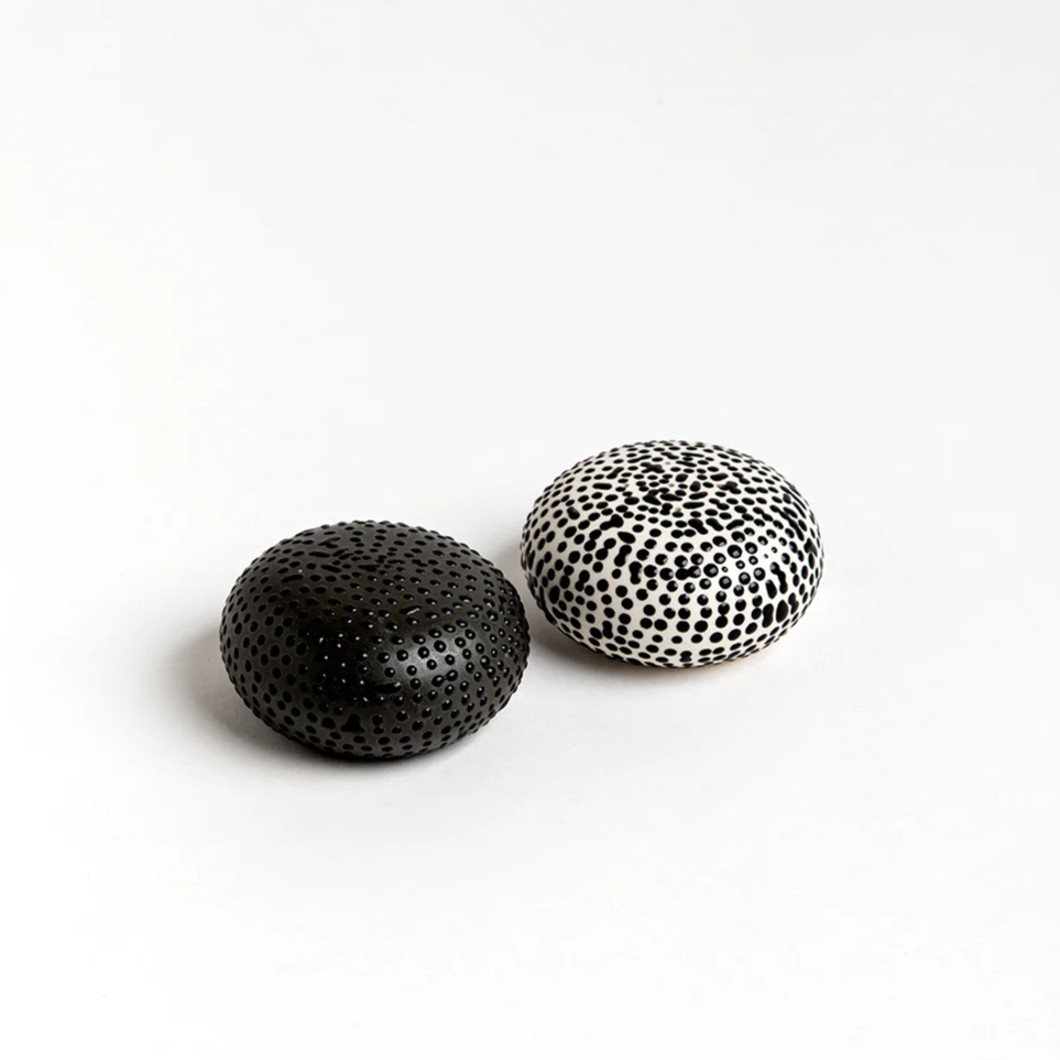 Black Dot on Black + White Porcelain Salt + Pepper Shakers