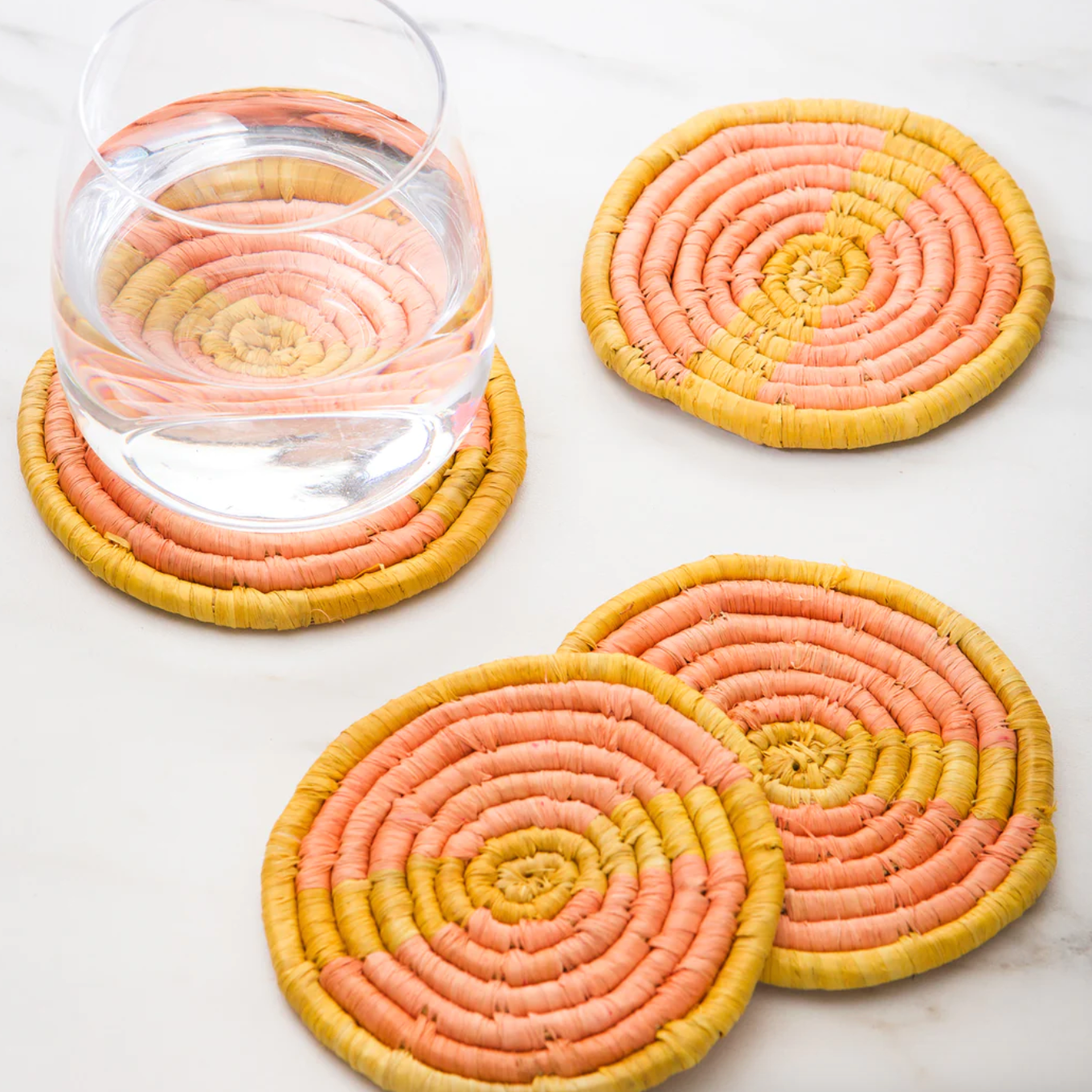 Peach + Mustard Raffia Coaster Set