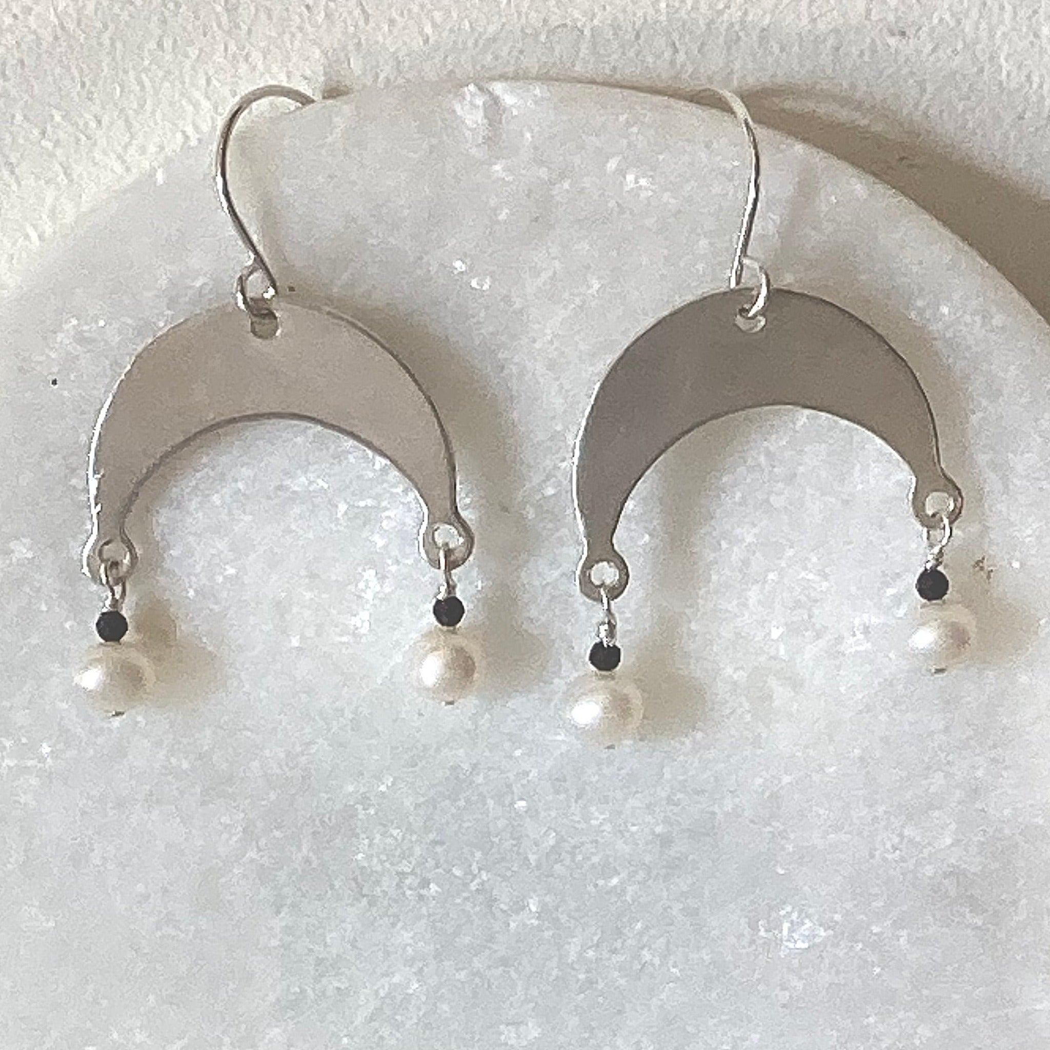 Silver + Gem Moon Drop Earrings