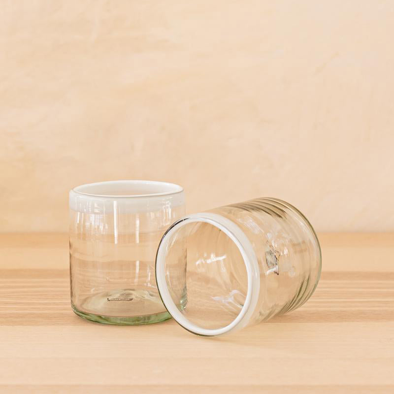 Blown Glass White Rim Short Tumbler Set