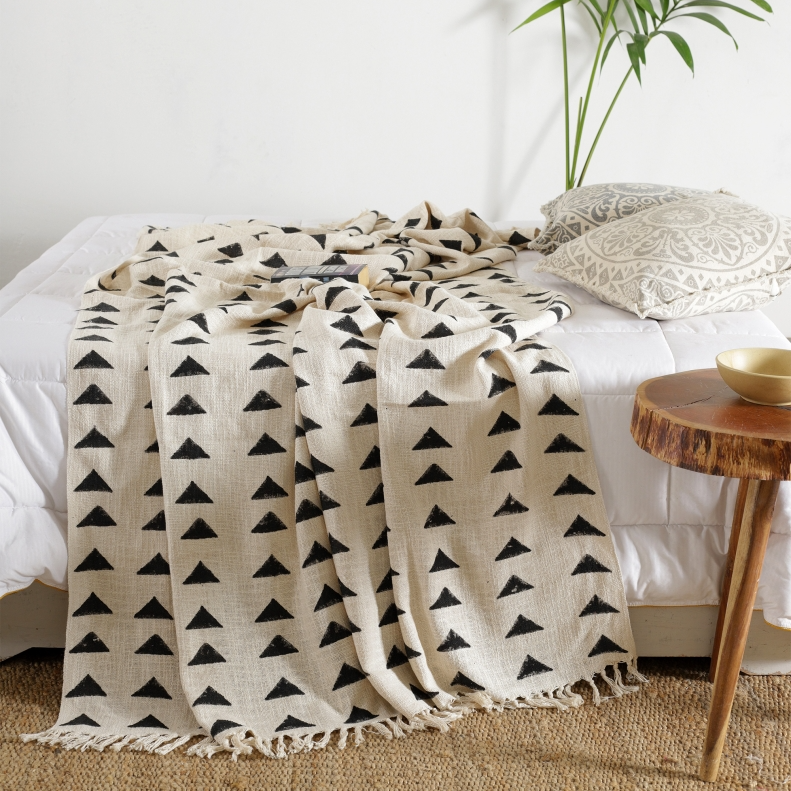 Monochrome Block Print Cotton Throw Blanket