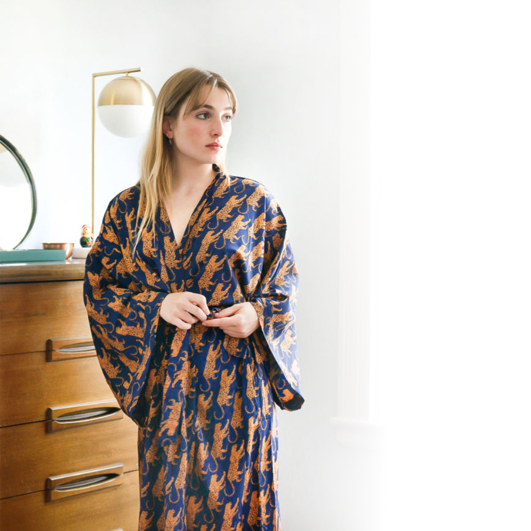 Kimono-Style Navy Leopard Silk Robe