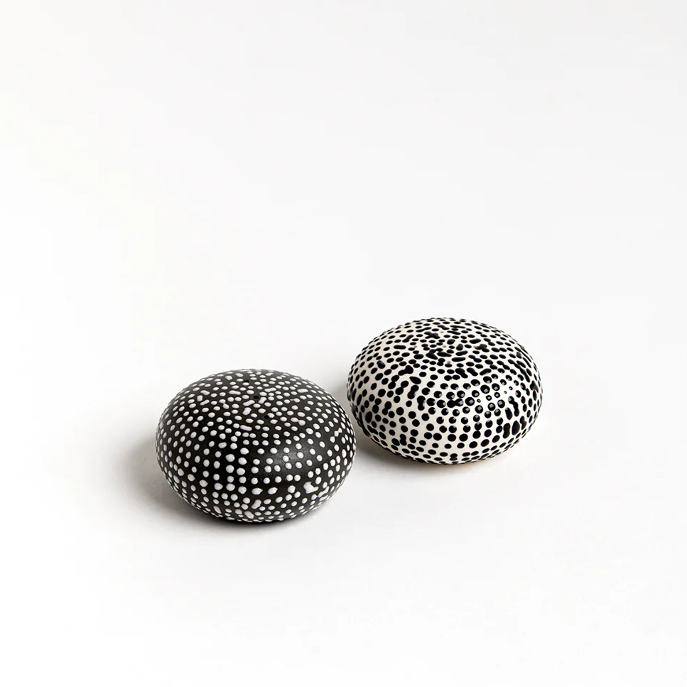 Opposite Dot on Black + White Porcelain Salt + Pepper Shakers