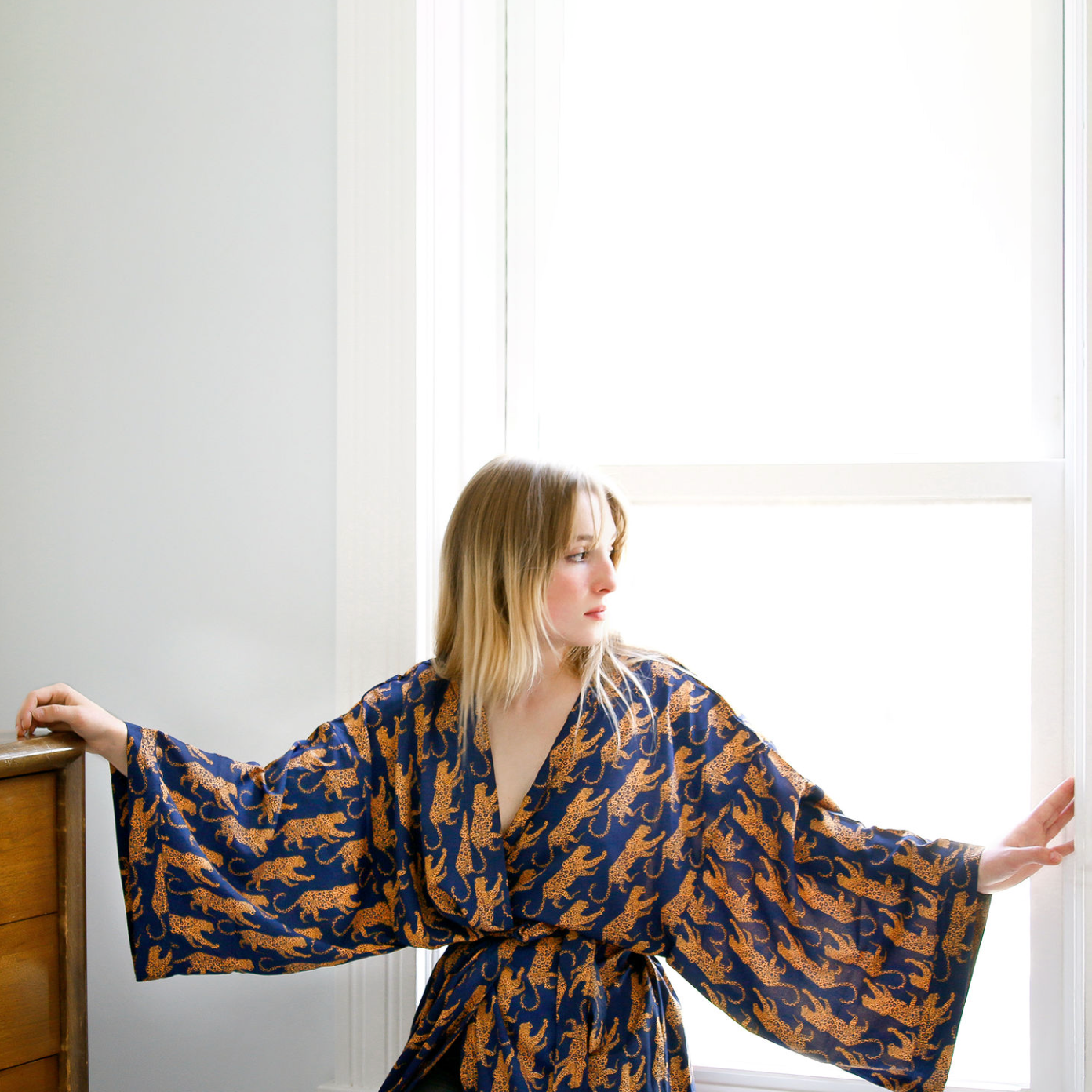 Kimono-Style Navy Leopard Silk Robe