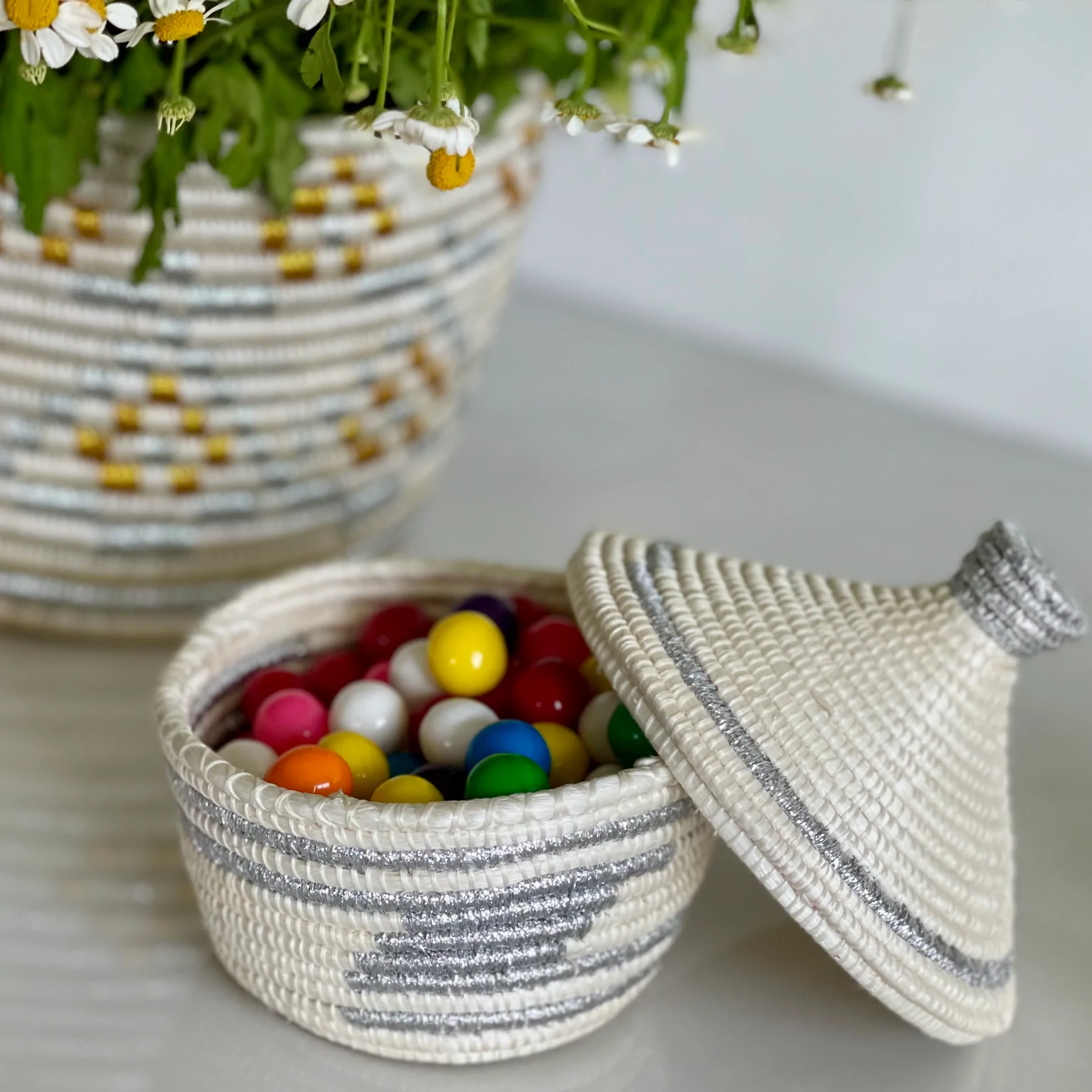 White + Silver Metallic Small Lidded Basket