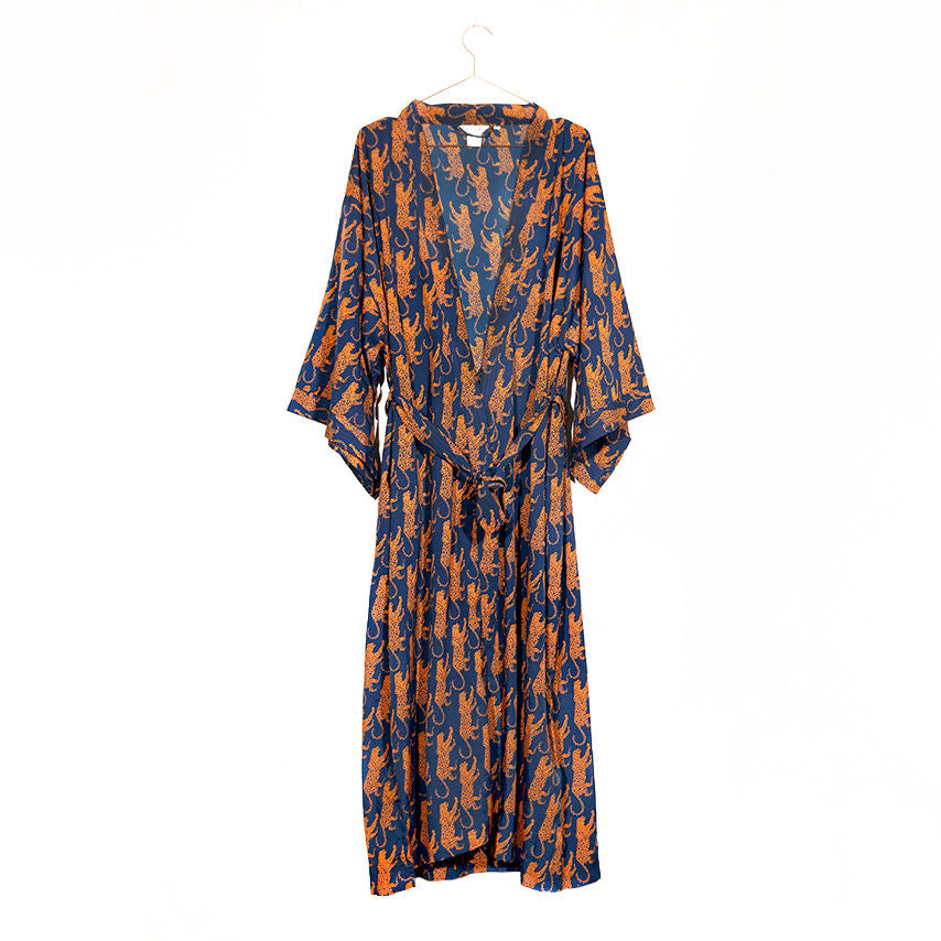 Kimono-Style Navy Leopard Silk Robe