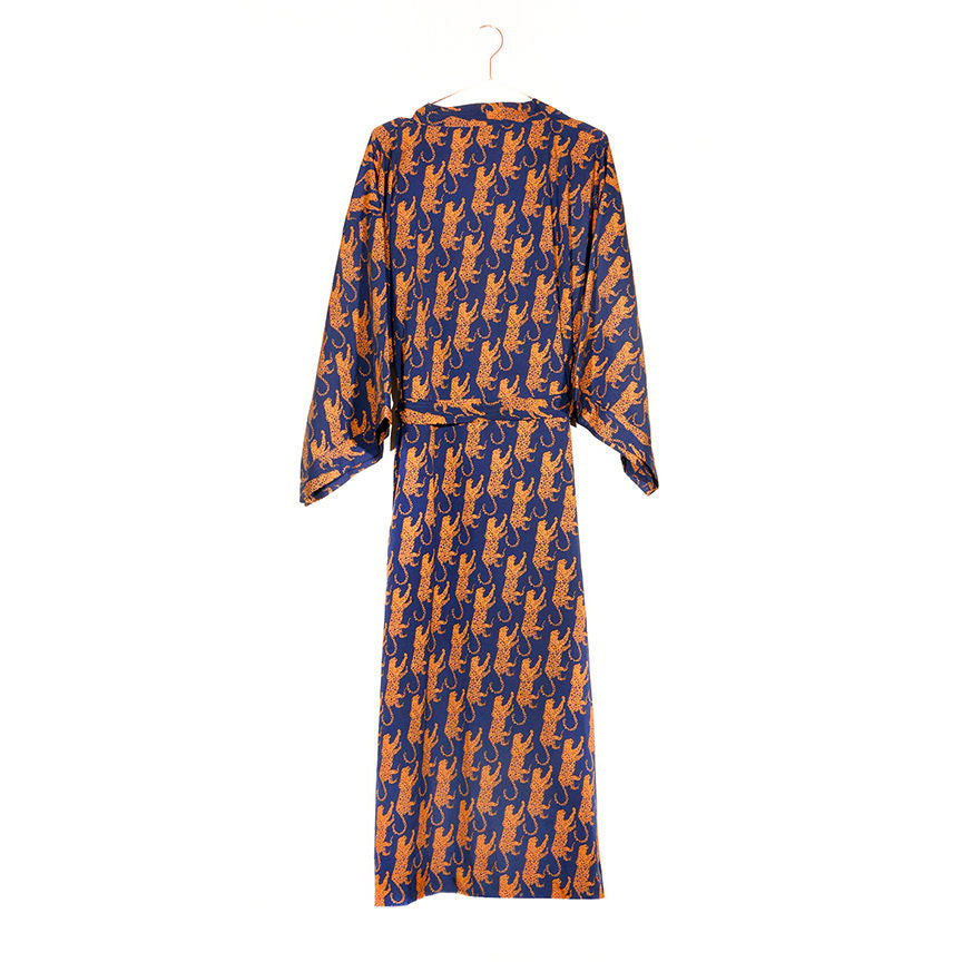 Kimono-Style Navy Leopard Silk Robe