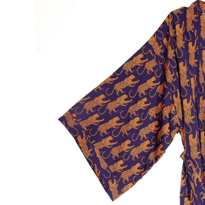 Kimono-Style Navy Leopard Silk Robe