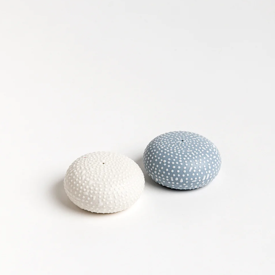 White Dot on Sky Blue + White Porcelain Salt + Pepper Shakers